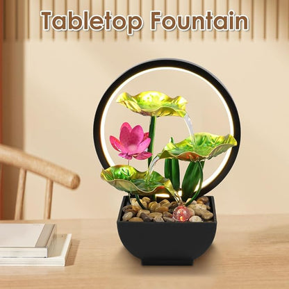 Tabletop Fountain 3-Tiers Leaf,11" Small Waterfall Fountains Indoor Water Fountain with Rocks and Ring Lights,Desktop Fountains for Meditation Relaxation for Bedroom Living Room Office