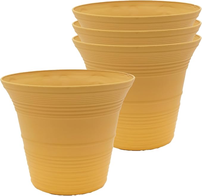 The HC Companies 7 Inch Sedona Round Self Watering Planter Pots, Lightweight UV-Resistant Plastic Indoor & Outdoor Planters, 4-Pack Flower Pots for Garden & Home Decor, Honey
