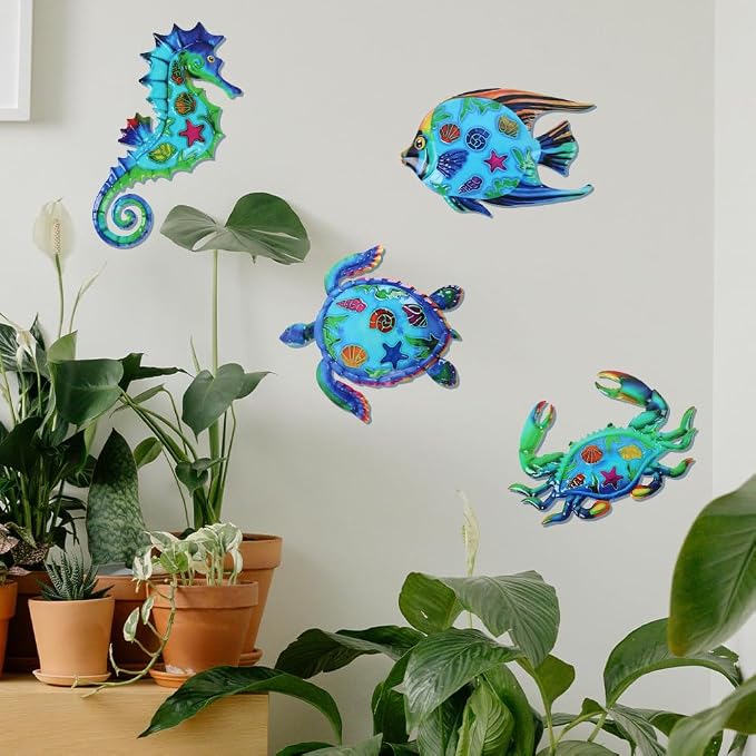 VEWOSTAR Metal Ocean Wall Art Decor Outdoor - Themed Metal Wall Sculpture Set of 4, Beach House Decor for Bathroom, Coastal Patio, Garden Fence, Pool Wall Art, Nautical Outdoor Decor Gift