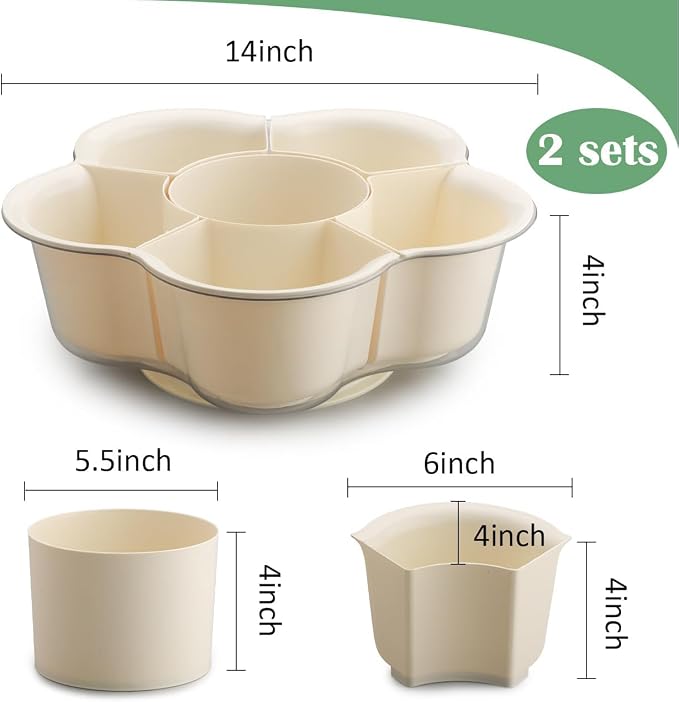 BTPLASTIK 2-Pack 14 inch Rotating Flower Pots with Drainage Holes & Clear Saucer - Plastic Plant Pots Large Succulent Pots for Cactus Herbs Indoor Gardening Gift, 6-in-1 Small Bonsai Nursery Pots