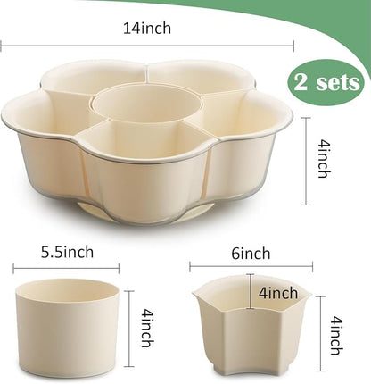 BTPLASTIK 2-Pack 14 inch Rotating Flower Pots with Drainage Holes & Clear Saucer - Plastic Plant Pots Large Succulent Pots for Cactus Herbs Indoor Gardening Gift, 6-in-1 Small Bonsai Nursery Pots