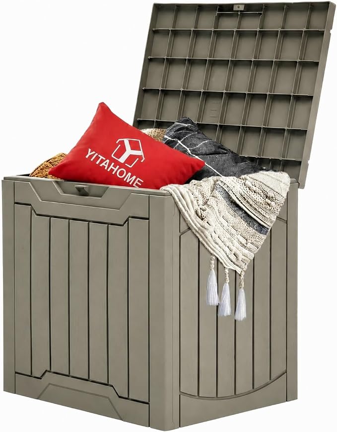 YITAHOME 31 Gallon Resin Deck Box Outdoor Storage Box and Waterproof | Garden Tools, Pool Supplies, Taupe