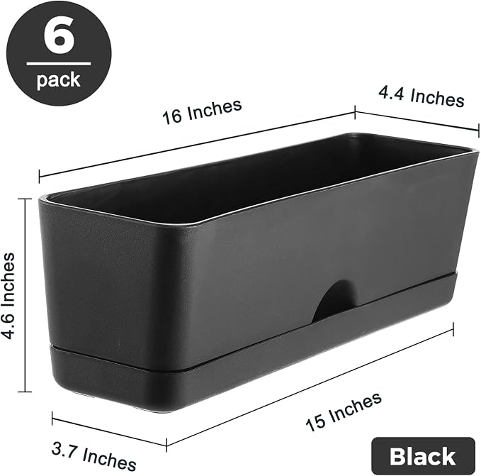 6 Pack Rectangle Planter 16x4.4 Inch Window Boxes Planters Rectangular Window Sill Planters Indoor Self Watering Plant Pots with Drainage Holes and Saucers Succulent Herb Flower Pots, Black