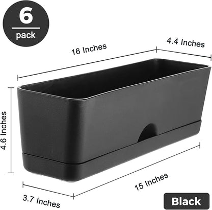 6 Pack Rectangle Planter 16x4.4 Inch Window Boxes Planters Rectangular Window Sill Planters Indoor Self Watering Plant Pots with Drainage Holes and Saucers Succulent Herb Flower Pots, Black