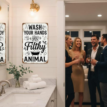 Funny Bathroom Wall Decor Metal Sign - Wash Your Hands You Filthy Animal, Humor Quote Gifts for Guest Bath & Office Restroom 8x12 Inches