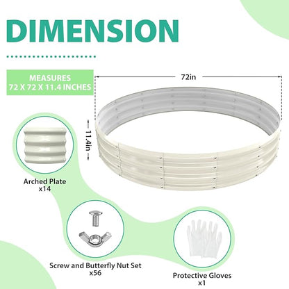 12 Inch Tall 72 Inch Diameter Round White Raised Garden Bed Kits Outdoor | 1 FT Tall,6 FT Planter Bed for Flowers,Herbs,Vegetables,Trees,0.8MM Thick Galvanized Metal Painted,with Gloves,Tool free