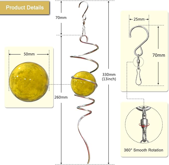 Gazing Ball Spiral Tail with Gold Glass Orb - Wind Spinners Stabilizer for Wind Spinner, Decorative Hanging Decoration Decor for Garden Yard Patio Indoor Outdoor Creative Gift 13" Height