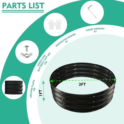 12 Inch Tall 36 Inch Diameter Round Black Raised Garden Bed Kits Outdoor | 1 FT Tall,3 FT Planter Bed for Flowers,Herbs,Vegetables,Trees,0.8MM Thick Galvanized Metal Painted,with Gloves,Tool free