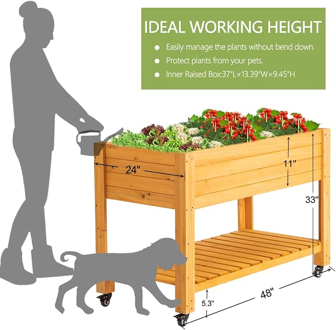 FORTUNO Raised Garden Bed with Wheels 48"x24"x33" Large Wood Planter Box with Legs Outdoor Mobile Wooden Elevated Raised Beds for Vegetable Flower, Standing Gardening Box with Liner for Patio, Deck