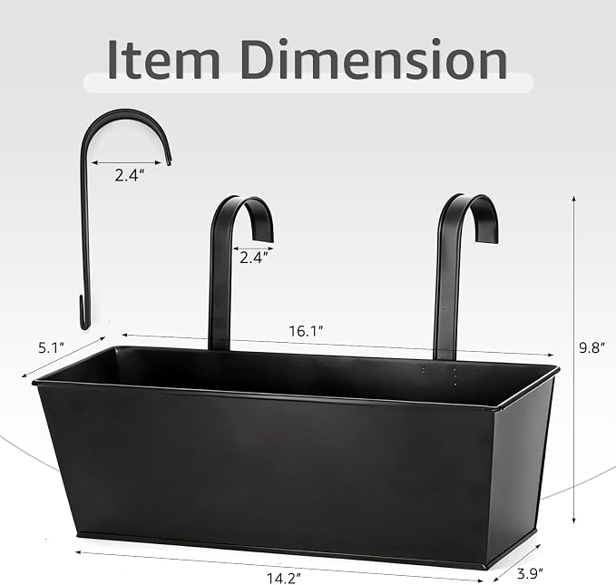 3 Pack Metal Railing Planters, 16 Inch Large Rectangular Hanging Flower Pots with Detachable Hooks & Drainage Holes, Fits Rails up to 2.5", Galvanized Iron Window Box for Balcony Garden - Black