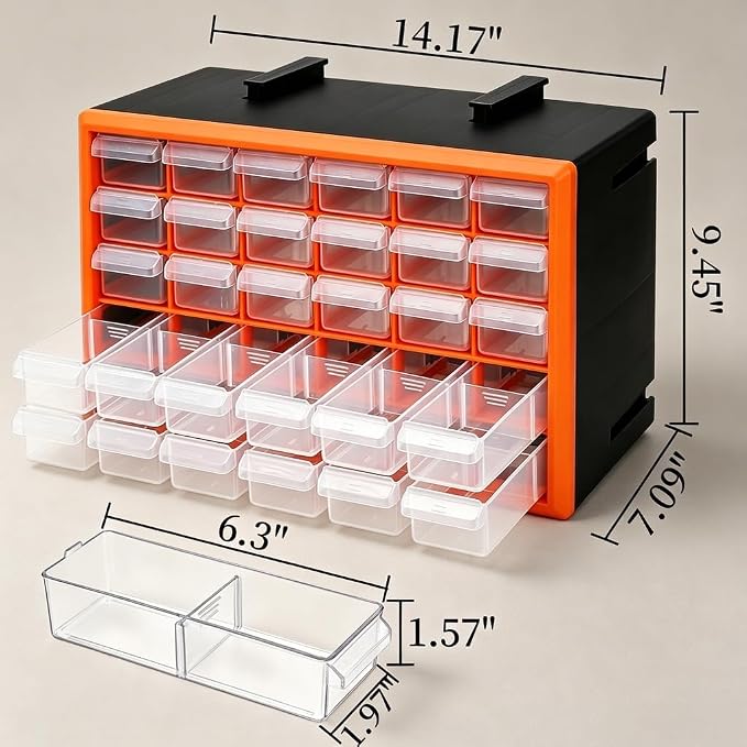 Goaste 30 Drawer Plastic Drawer Storage Cabinet, Stackable Wall Mount Small Parts Organizer, Clear Drawer Hardware Organizer with Removable Dividers for Crafts, Beads, Building Bricks, Garage, Office