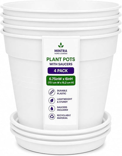 Mintra Garden Pots, 4 Pack Bulk Plastic Plant Pots with Drainage Tray, Round Indoor & Outdoor Decorative Planters with Drain Holes for Flowers, Herbs & Plants, 17cm Diameter – White, 6.6 in