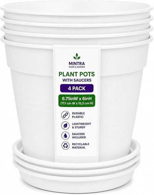 Mintra Garden Pots, 4 Pack Bulk Plastic Plant Pots with Drainage Tray, Round Indoor & Outdoor Decorative Planters with Drain Holes for Flowers, Herbs & Plants, 17cm Diameter – White, 6.6 in