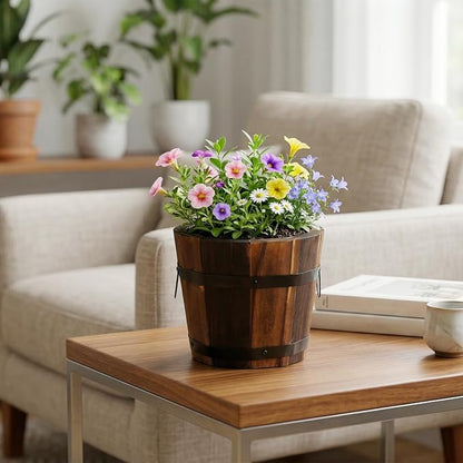 BESPORTBLE Rustic Wooden Barrel Planters: 4pcs Whiskey Barrel Bucket Flower Pots, Plants Boxes Container with Handles for Garden Outdoor Indoor Decor