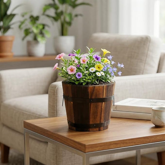 BESPORTBLE Rustic Wooden Barrel Planters: 4pcs Whiskey Barrel Bucket Flower Pots, Plants Boxes Container with Handles for Garden Outdoor Indoor Decor