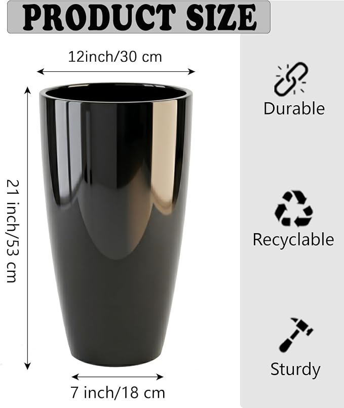 SUN-E Tall Planter for Outdoor Indoor Plants 2Pack, 21Inch Large Gloss Black Planter with Removable Insert Shelf High Glossy Piano Finish Ceramic-Look Tall Flower Pot for Office Lobby Minimalist Decor