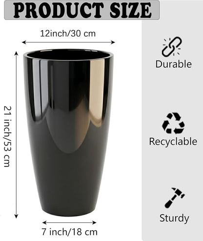 SUN-E Tall Planter for Outdoor Indoor Plants 2Pack, 21Inch Large Gloss Black Planter with Removable Insert Shelf High Glossy Piano Finish Ceramic-Look Tall Flower Pot for Office Lobby Minimalist Decor