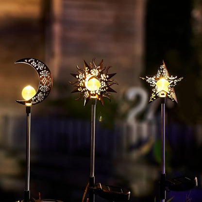 Solar Garden Stake Lights, Moon Sun Star Yard Decorations Outdoor 3 Pack Solar Garden Decor for Lawn, Pathway, Flower Bed, Memorial Garden, Patio Outdoor Gifts for Mom, Loved Ones