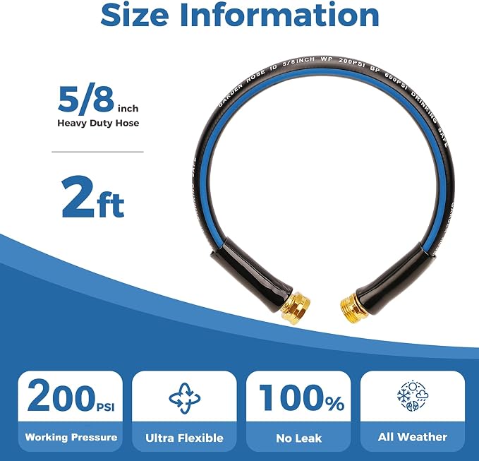 SheeChung Short Garden Hose 2ft x 5/8",Leader Hose for Hose Reel Faucet,Flexible,Lightweight Rubber Hose with Male to Female Fittings,Small Water Hose Heavy Duty,Kink Free,3/4"GHT