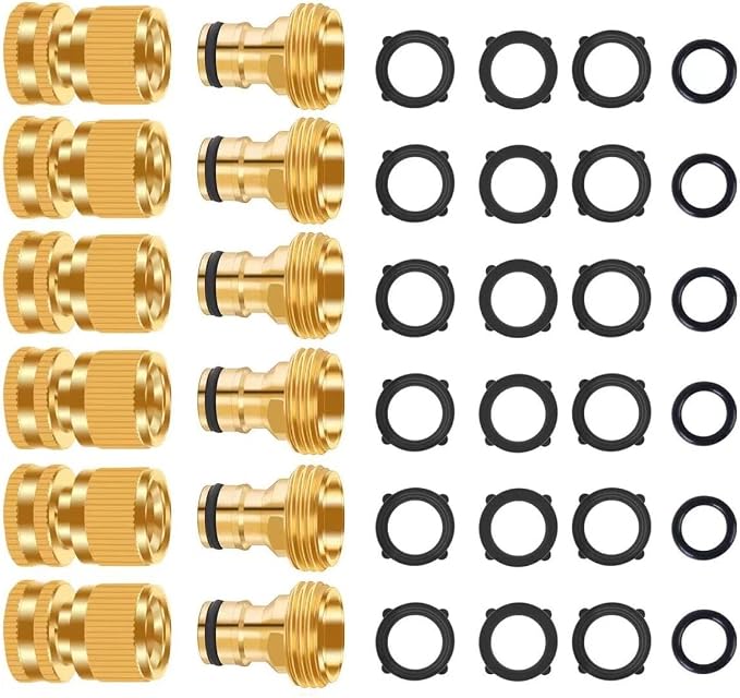 Garden Hose Quick Connector, No-Leak 3/4 Inch GHT Thread Fitting Water Hose Female Adapter and Male Adapter, Heavy-Duty Rust Resistant Brass Water Pipe Connect, Easy to Use (6 Pack ）
