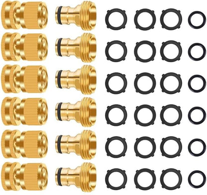 Garden Hose Quick Connector, No-Leak 3/4 Inch GHT Thread Fitting Water Hose Female Adapter and Male Adapter, Heavy-Duty Rust Resistant Brass Water Pipe Connect, Easy to Use (6 Pack ）