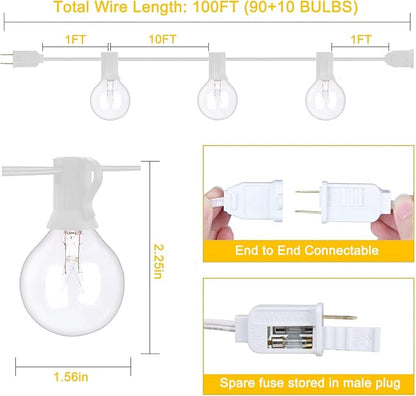 100Ft G40 Outdoor String Lights Patio Lights with 100 Edison Globe Bulbs, Connectable Outdoor String Lights Waterproof UL Listed for Indoor Porch Party Wedding Deck Balcony Wedding Party Decor- White