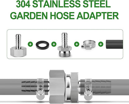 TAISHER 2PCS 304 Stainless Steel Garden Hose Repair Connector, 3/4" Barb x 3/4" GHT Female Garden Hose Adapter with Hose Clamps