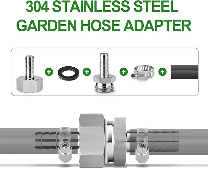 TAISHER 2PCS 304 Stainless Steel Garden Hose Repair Connector, 1/4" Barb x 3/4" GHT Female Garden Hose Adapter with Hose Clamps