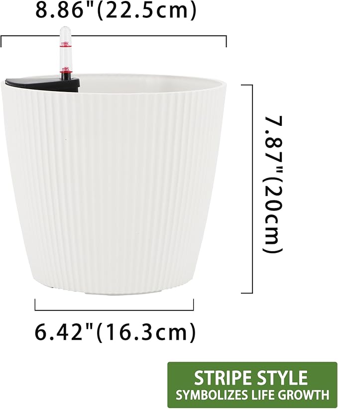 Dexceder 9x8 Self Watering Planters Indoor (2 Pack, White) | Inner Mat Design, Table Flower Plant Pot with Water Level Indicator