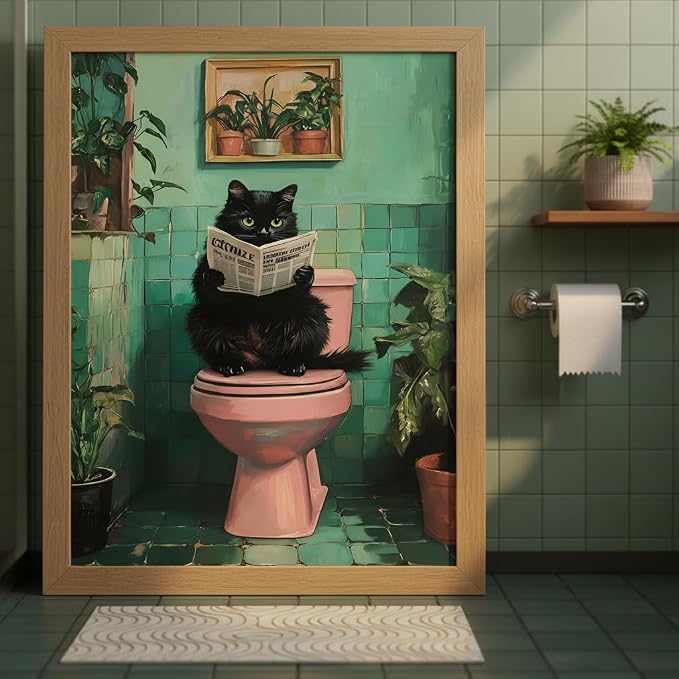 Funny Bathroom Wall Art Black Cat bathroom decor, funny Cat Bathroom Decor Canvas Print, funny Animal bathroom Wall Decor Framed Artwork for Bathroom Home 16x12 Inch