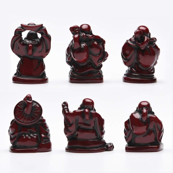 6Pcs 1'' Red Resin Laughing Buddha Figurines, Tabletop Lucky Decor | Mini Maitreya Buddha Statue, Flower Pot Statue, Home Office Desk Decor, Fengshui Collection Gift Ornaments