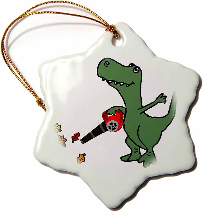 3dRose Snowflake Ornament Funny Charming T-rex Dinosaur Using Leaf Blower - 3"