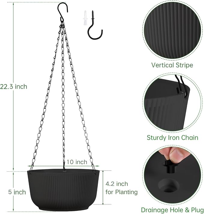 10 Inch Hanging Pots for Indoor Outdoor Plants Set of 2 | Self-Watering Hanging Planters with Internal Saucers, Drainage Holes & Plugs (Hooks)