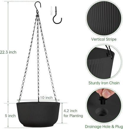 10 Inch Hanging Pots for Indoor Outdoor Plants Set of 2 | Self-Watering Hanging Planters with Internal Saucers, Drainage Holes & Plugs (Hooks)