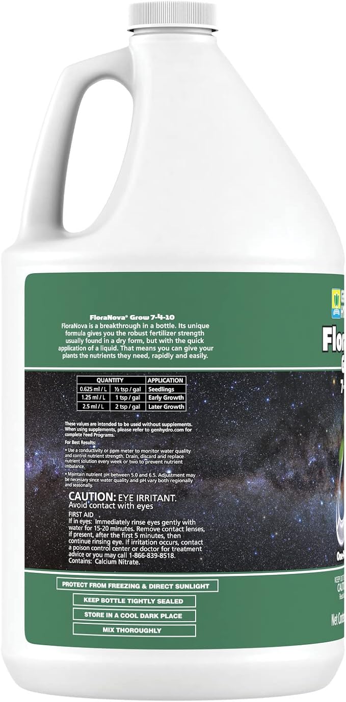 General Hydroponics HGC718805 FloraNova Grow 7-4-10, Robust Strength of Dry Fertilizer But in Rapid Liquid Form, Use for Hydroponics, Soilless Mixtures, Containers & Garden Grown Plants, 1-Gallon