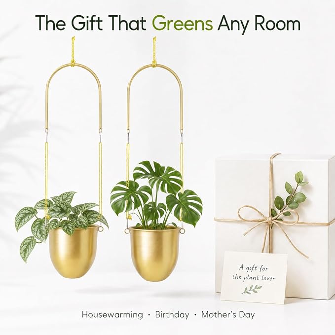 AceList Gold Hanging Planters Set of 2 - Modern Metal Plant Pots 5.5 Inch with Adjustable Hemp Rope and Mounting Hooks, Indoor Outdoor Boho Home Decor for Living Room Balcony Garden Patio Window