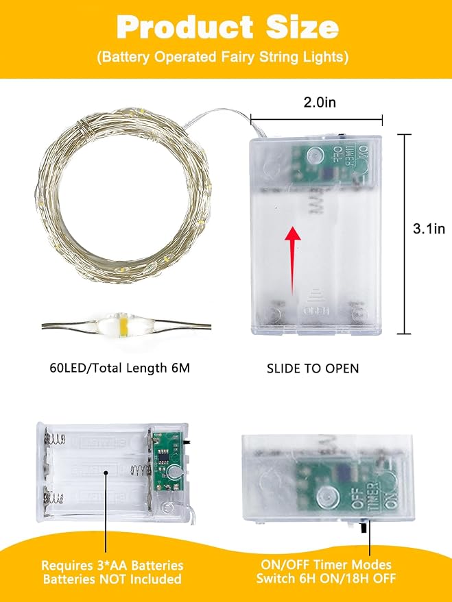 2 Pack 60 LED Fairy Lights Battery Operated with Timer, 20FT Waterproof String Lights Indoor Outdoor, Cuttable Battery Light for Home Bedroom Wedding DIY Centerpiece Christmas Decorations (Warm White)