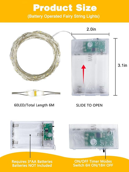 2 Pack 60 LED Fairy Lights Battery Operated with Timer, 20FT Waterproof String Lights Indoor Outdoor, Cuttable Battery Light for Home Bedroom Wedding DIY Centerpiece Christmas Decorations (Warm White)