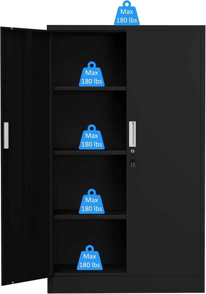 iJINGUR Metal Storage Cabinet with Locking Doors and Adjustable Shelves, 53.5-Inch Tall Lockable Storage Cabinets for Home Office Garage Kitchen Pantry (Black)