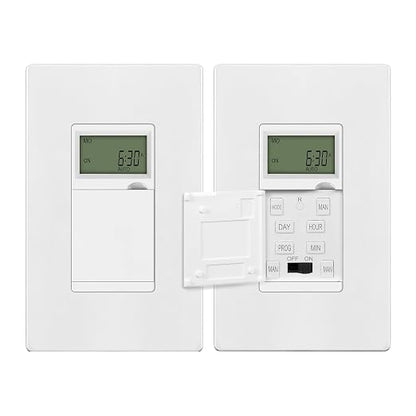 ENERLITES Programmable Digital Timer Switch for Lights, Fans, Motors, 7-Day 18 ON/OFF Timer Settings, Single Pole, Neutral Wire Required, UL Listed, HET01-C, White, 2 Pack