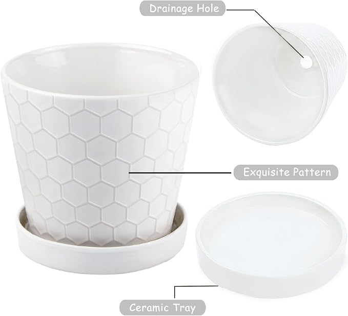 Ceramic Plant Pots,4+5+6 Inch Pots for Indoor Plants,Planters with Drainage Holes and Ceramic Tray, Indoor Flower Pots Gardening Home Desktop Office Windowsill Decoration Gift,Set of 3 (White)
