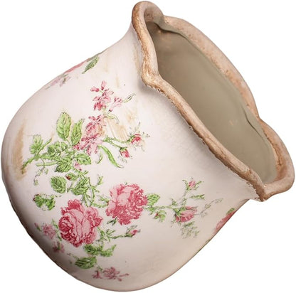 Xiaan Jiaju Shabby Chic Flower Pot, 6.11 Inch Ceramic Planter with Drainage for Indoor Plants, Vintage Ceramic Vase, Country Chic Spring Garden Home Decor, Pink Rose Floral