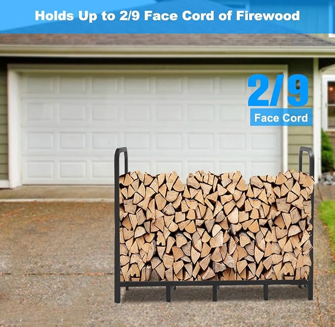 5.3ft Firewood Rack Holder, Adjustable Heavy Duty Fire Log Stacker Stand for Fireplace, Outdoor Indoor Metal Wood Pile Storage Organizer, Patio Logs Stand tool, Black