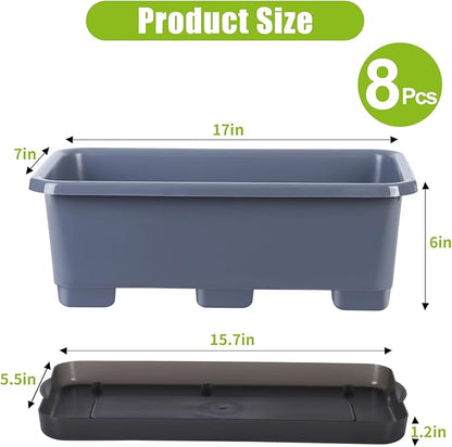 Oliz Window Box Planter 8 Pcs, 17 Inches Rectangle Flower Pots with Drainage Holes and Trays, Vegetable Planters for Windowsill Patio Garden Balcony Home Porch Yard Indoor Outdoor (Grey)