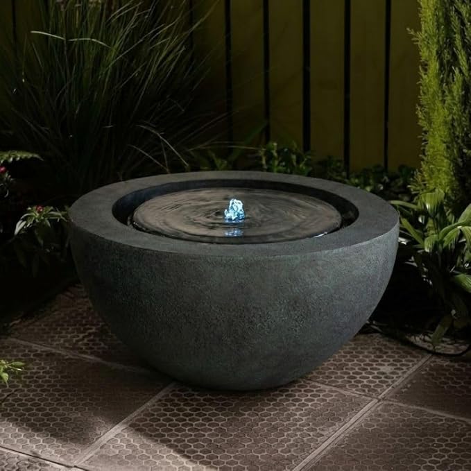 XBrand 9.65" H Round Sphere Water Fountain Indoor/Outdoor with LED Light, Polyresin Bubbler Feature for Patio, Yard, Home Décor - Dark Green, Tranquil Serene Garden Accent