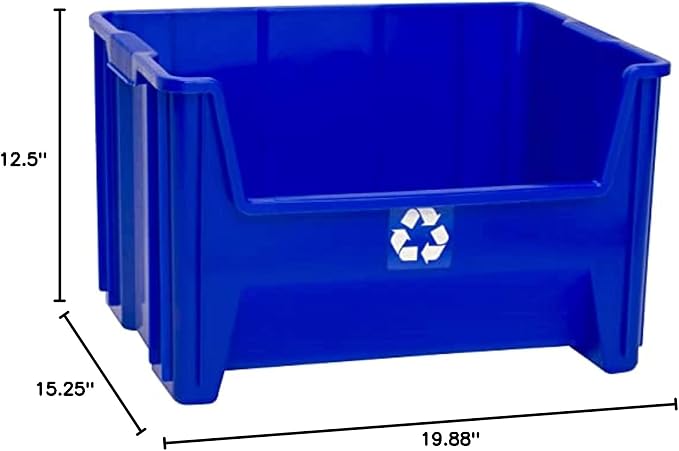 READYSPACE Commercial Industrial Heavy Duty Stackable Open-Front Recycling Bin Box Containers, 12.5 Gallon (Pack of 3), Blue