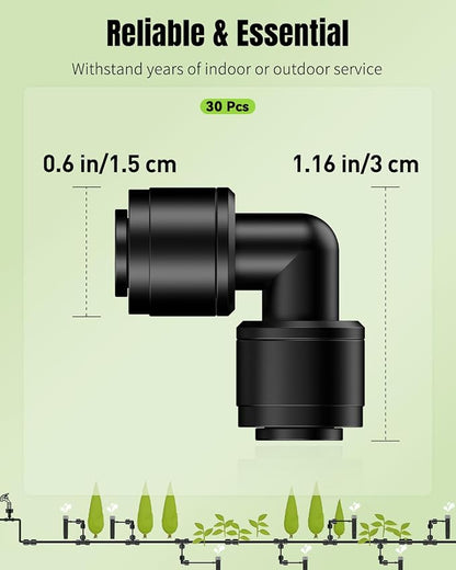 Pawfly 30 Pcs 1/4" Push-to-Connect Elbow Quick Connect Fittings, 90 Degree Drip Irrigation Elbow Connectors, Plastic Union Elbow Parts for 1/4 Inch Drip Irrigation Tubing, Garden Watering System