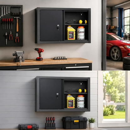 JZD Steel Wall Cabinet for Tool Organization with Two Removable Shelves, Industrial-Strength Metal Hanging Cabinets, for Garage Workshop