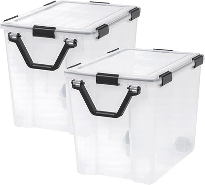 IRIS USA WeatherPro 103 Qt Storage Bins with Lids, 4 Pack, BPA-Free Plastic Gasket Box with Tight Latch and Seal, Stackable Nestable Tote Tub - Clear/Black