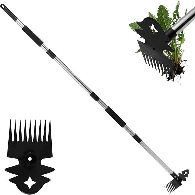 Weed Tool with Long Handle - 60" Manual Weeder Remover Tool, 2 in 1 Hand Weed Rake and Garden Hoe for Gardening, Heavy Duty Uprooting Weeding Pull for Yard, Lawn, Patio and Garden